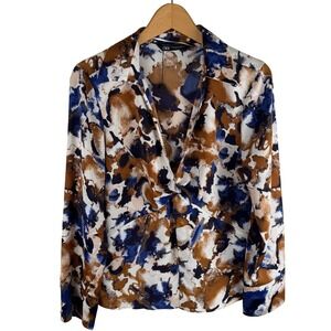 ZARA Abstract Print Twist Front V Neck Long Sleeve Blouse Womens Medium